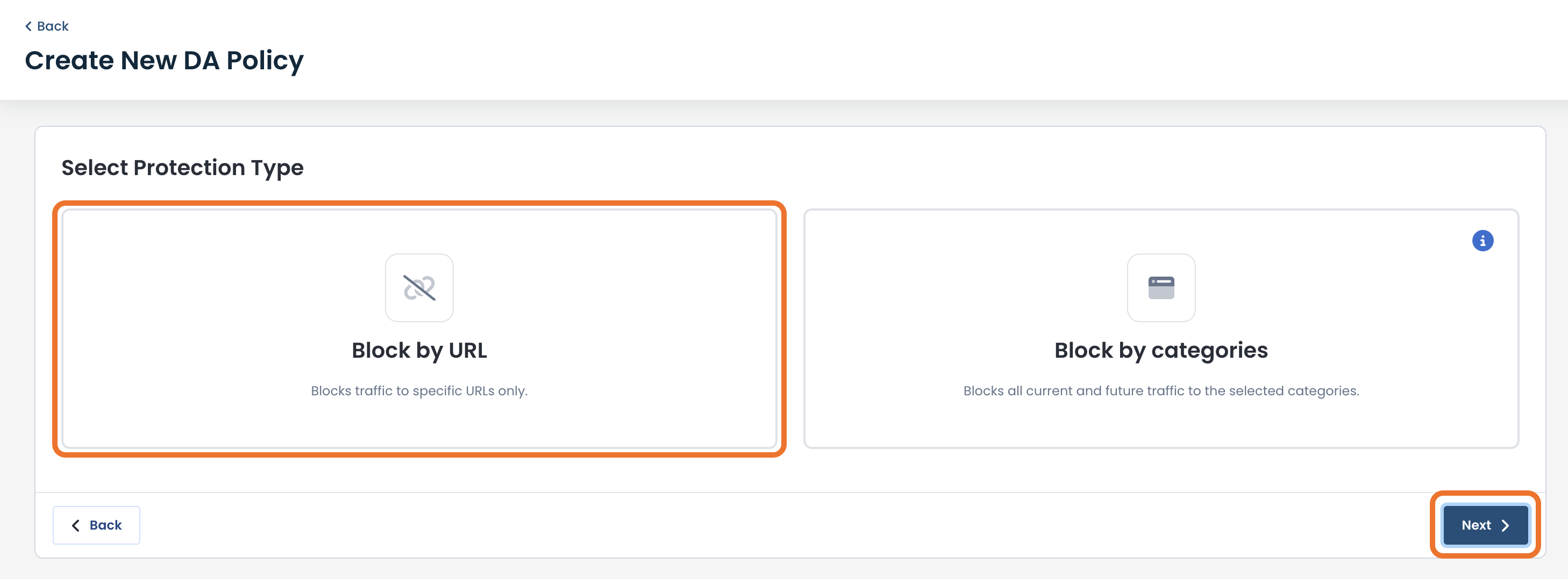 Select protection type for creating a new DA policy, including URL and category options.